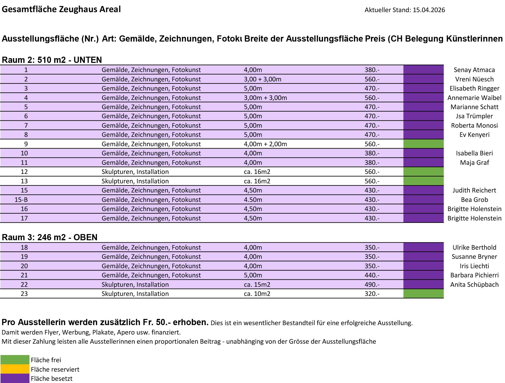 2artWOMEN Belegungsplan Preise